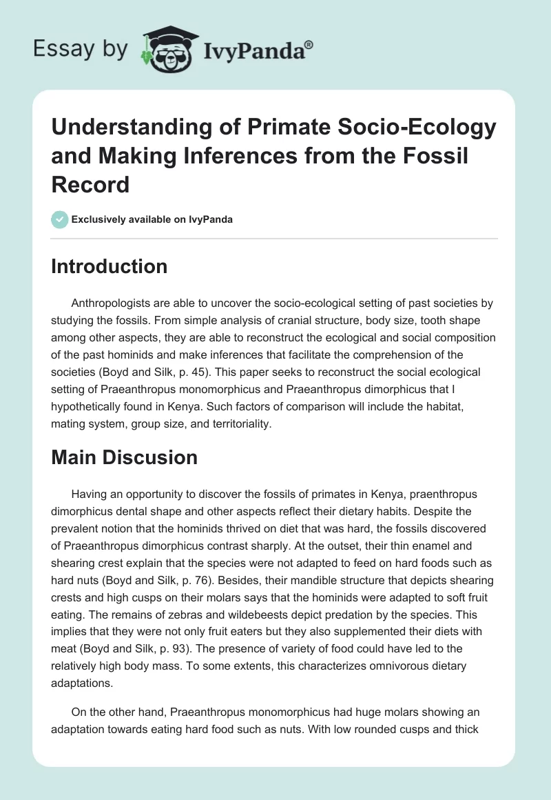 Understanding of Primate Socio-Ecology and Making Inferences from the Fossil Record. Page 1