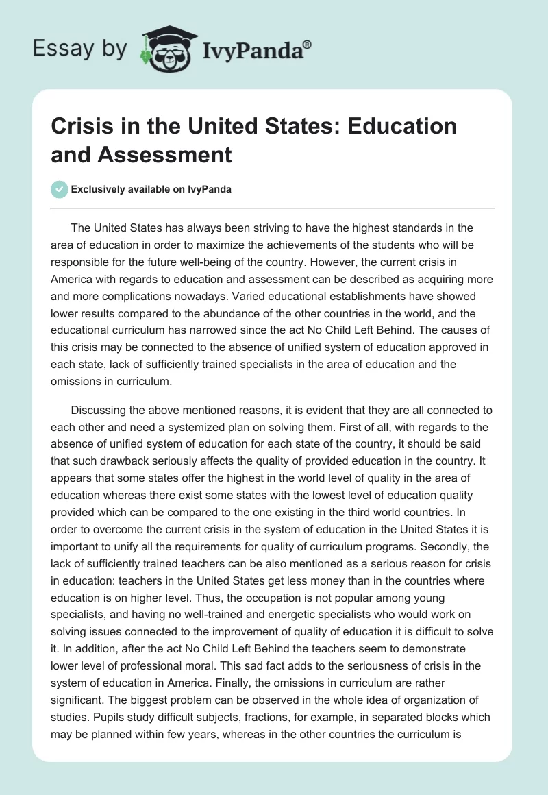 Crisis in the United States: Education and Assessment. Page 1