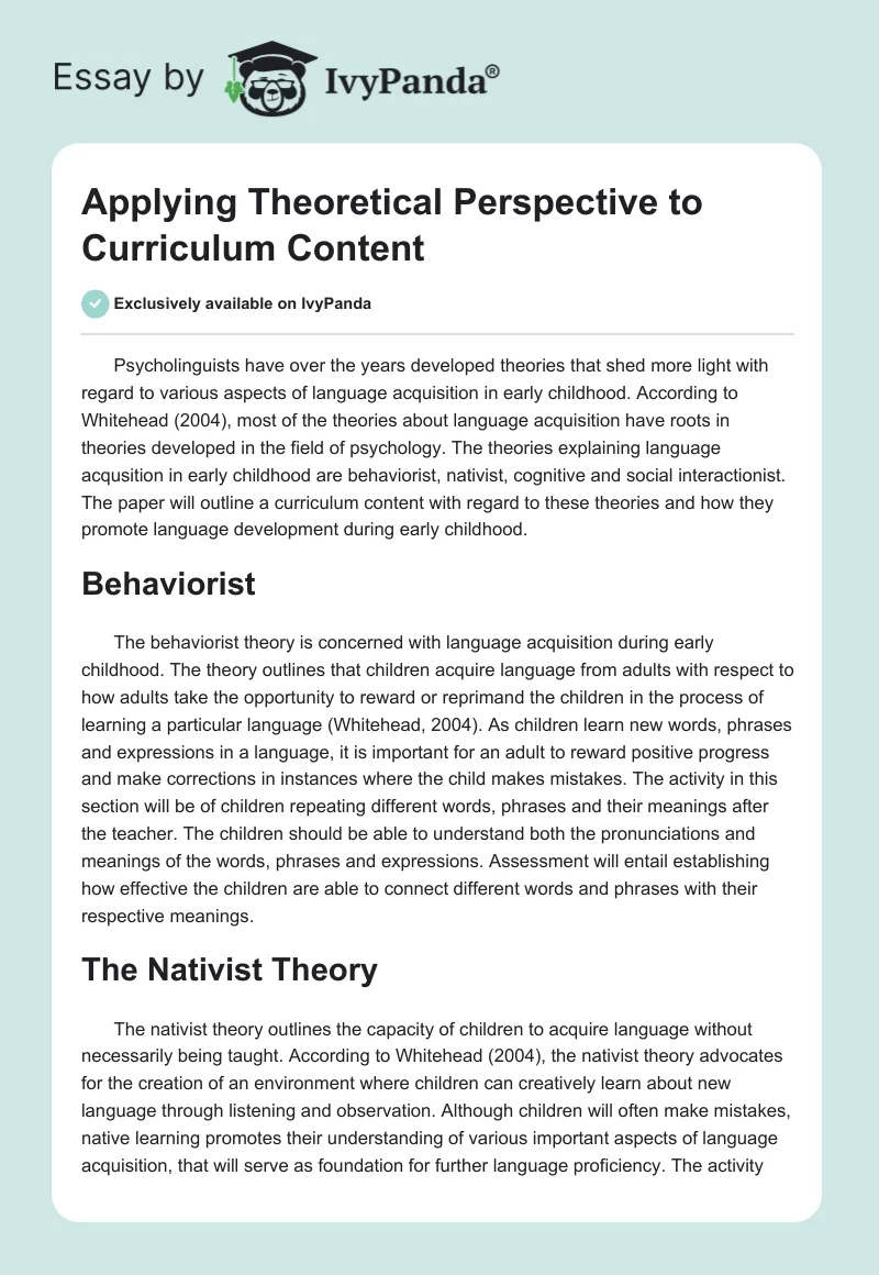 Applying Theoretical Perspective to Curriculum Content. Page 1