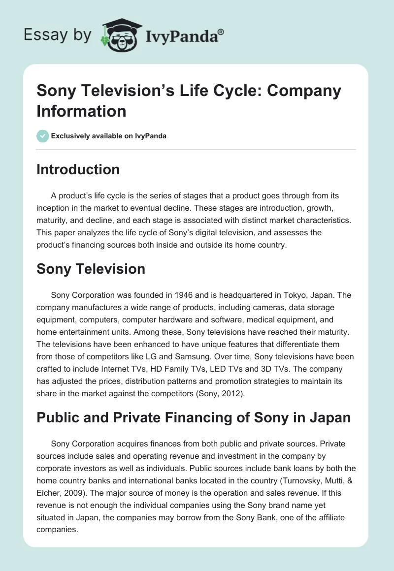 Sony Television’s Life Cycle: Company Information. Page 1