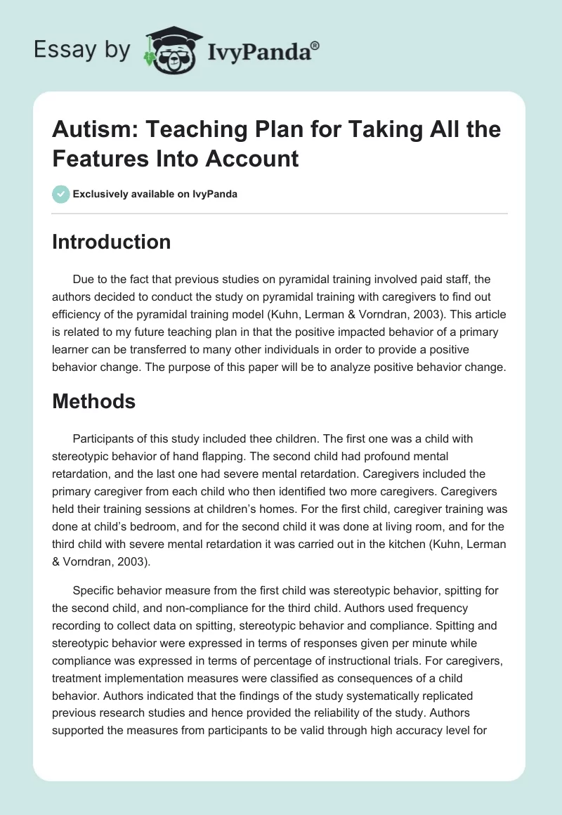 Autism: Teaching Plan for Taking All the Features Into Account. Page 1