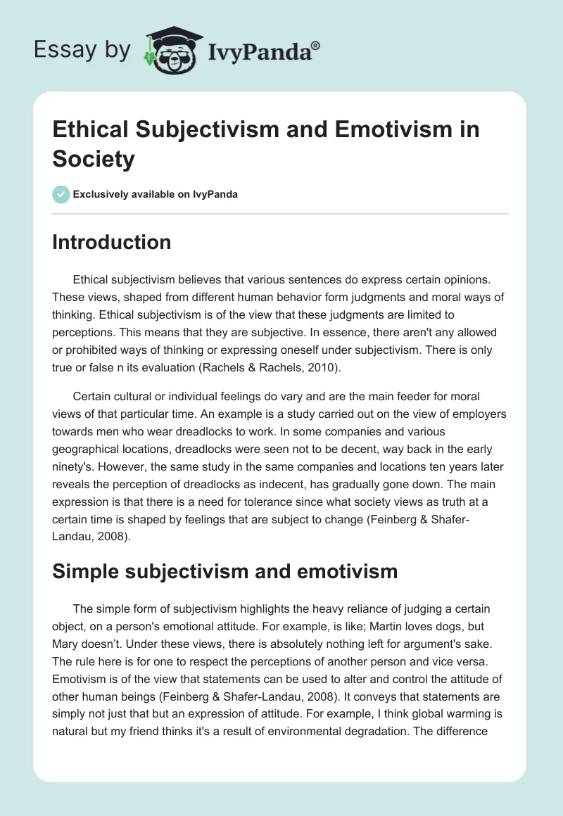 Ethical Subjectivism and Emotivism in Society. Page 1