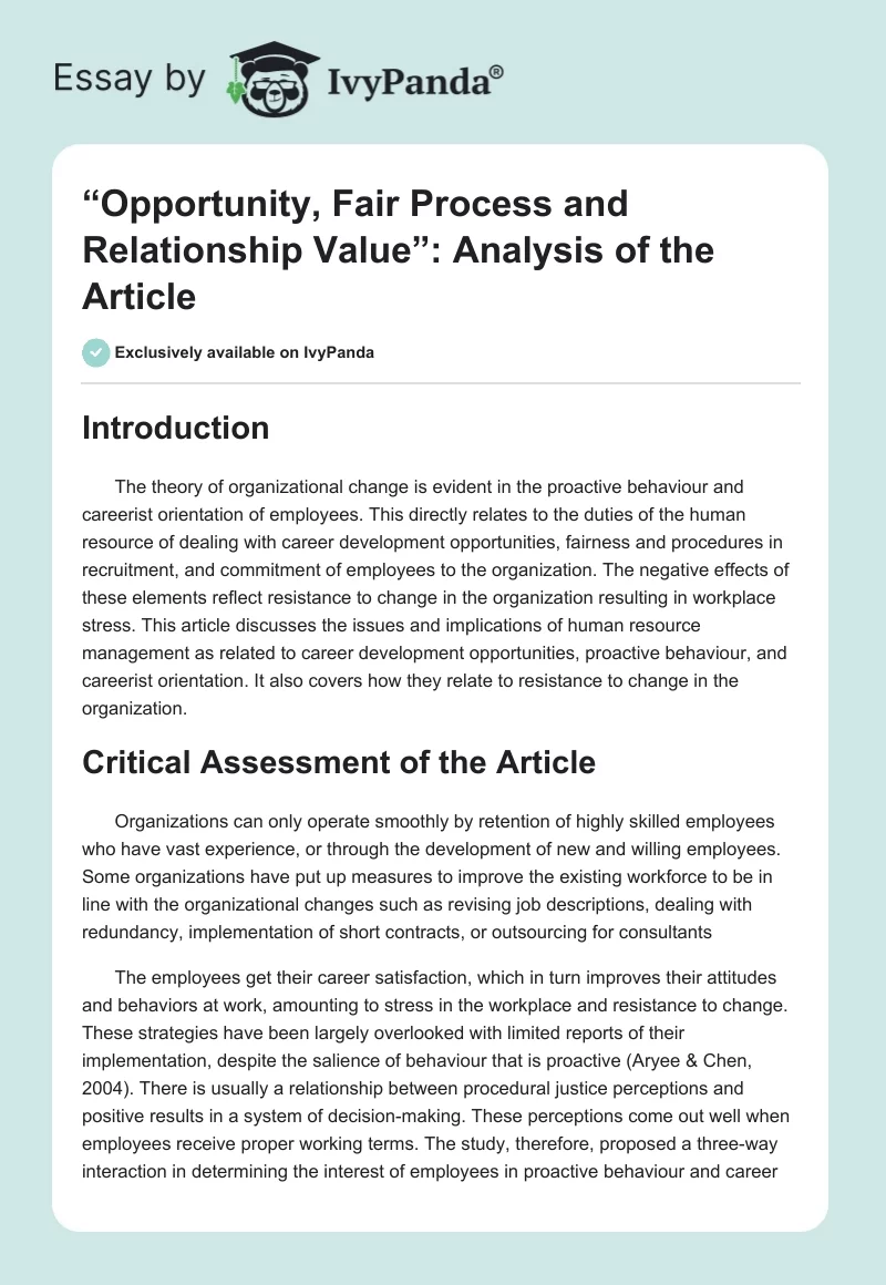“Opportunity, Fair Process and Relationship Value”: Analysis of the Article. Page 1