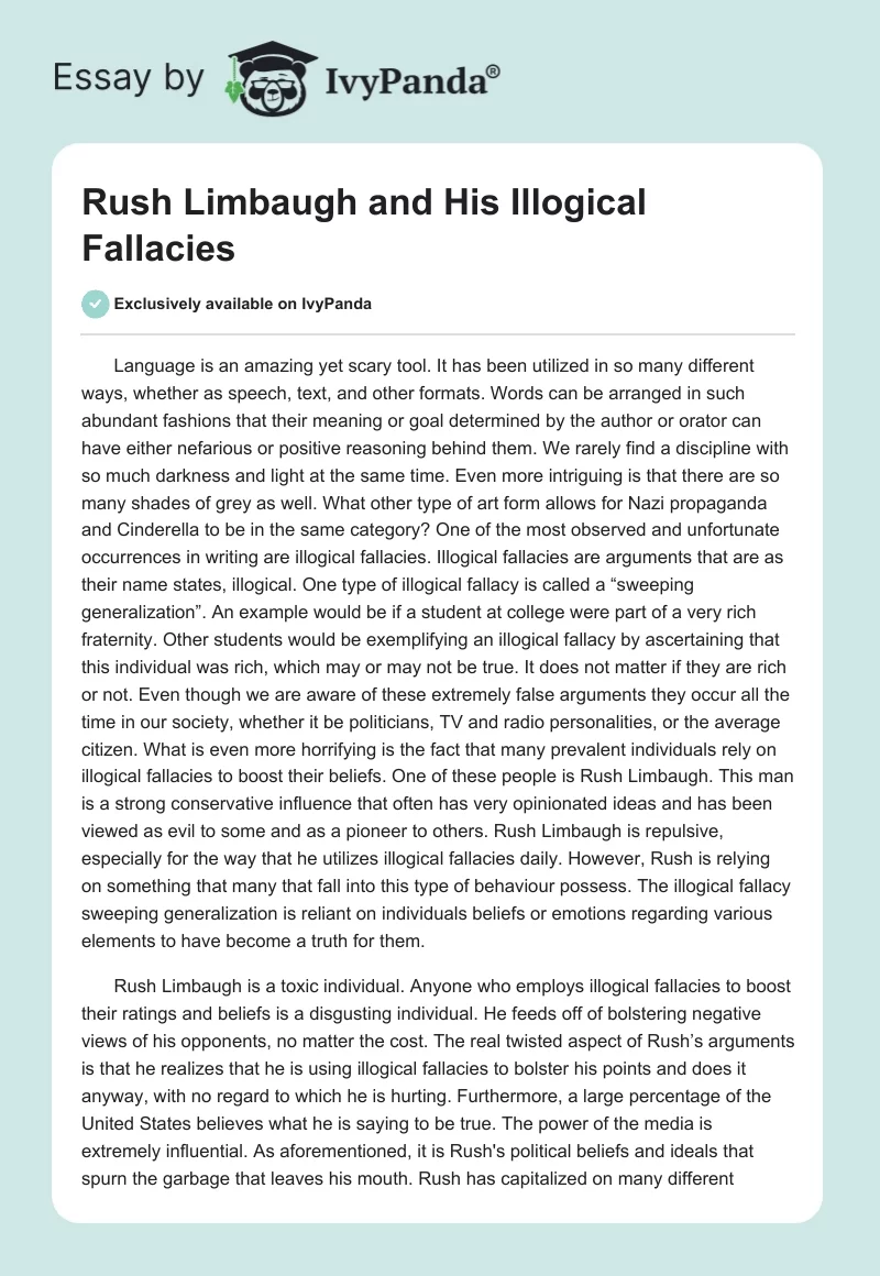 Rush Limbaugh and His Illogical Fallacies. Page 1