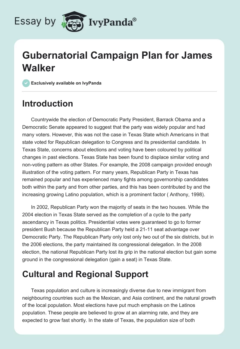 Gubernatorial Campaign Plan for James Walker. Page 1