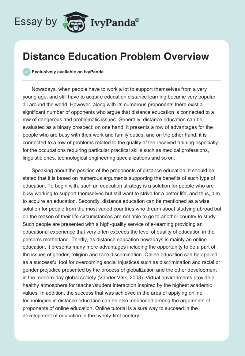 Distance Education Problem Overview. Page 1