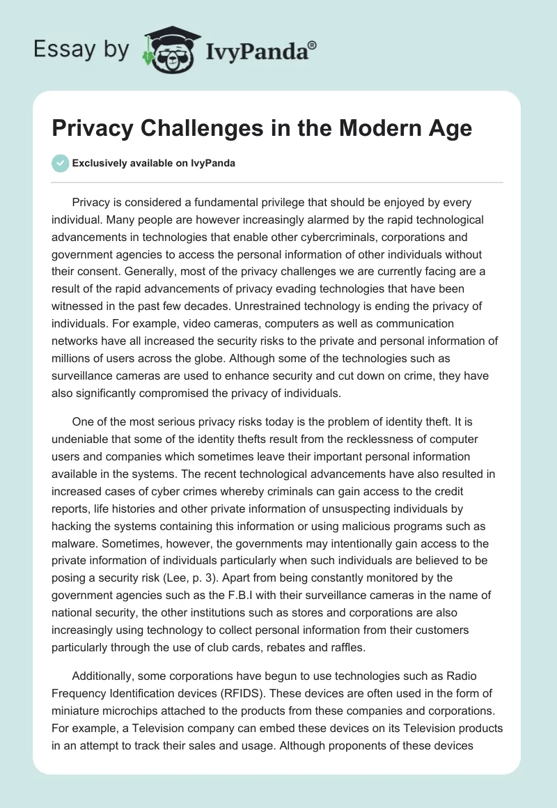 Privacy Challenges in the Modern Age. Page 1