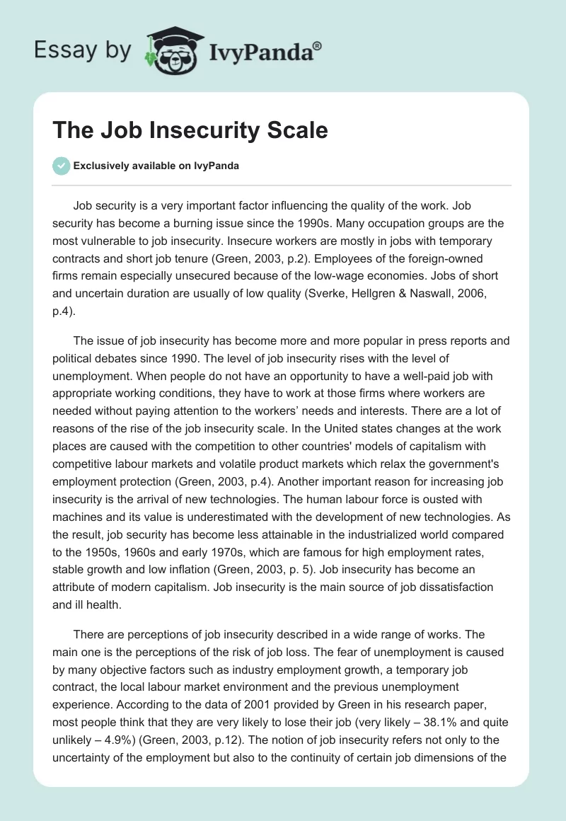 The Job Insecurity Scale. Page 1