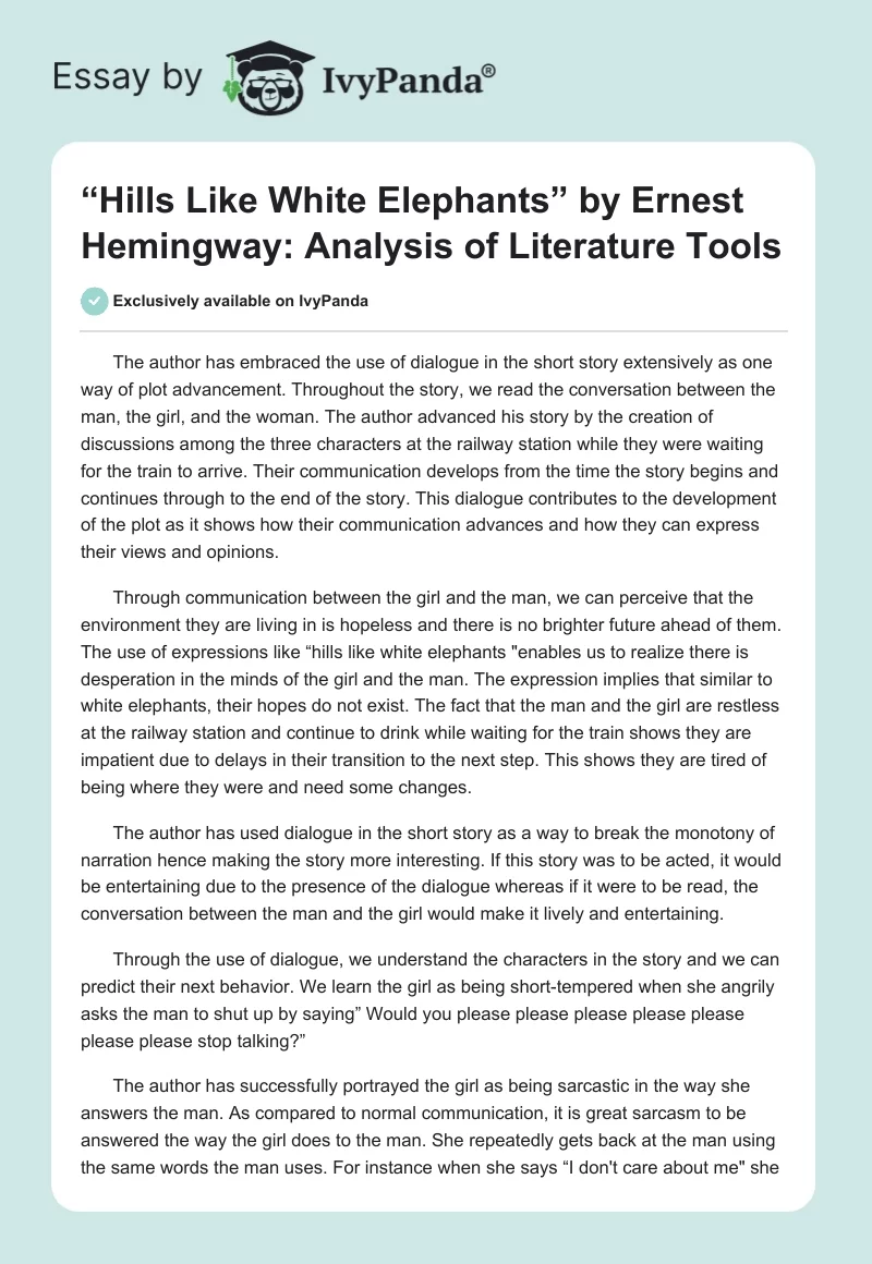 “Hills Like White Elephants” by Ernest Hemingway: Analysis of Literature Tools. Page 1
