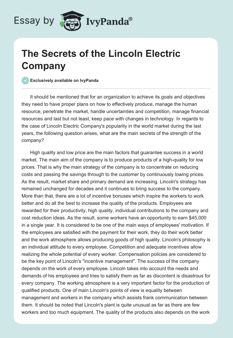 The Secrets of the Lincoln Electric Company. Page 1