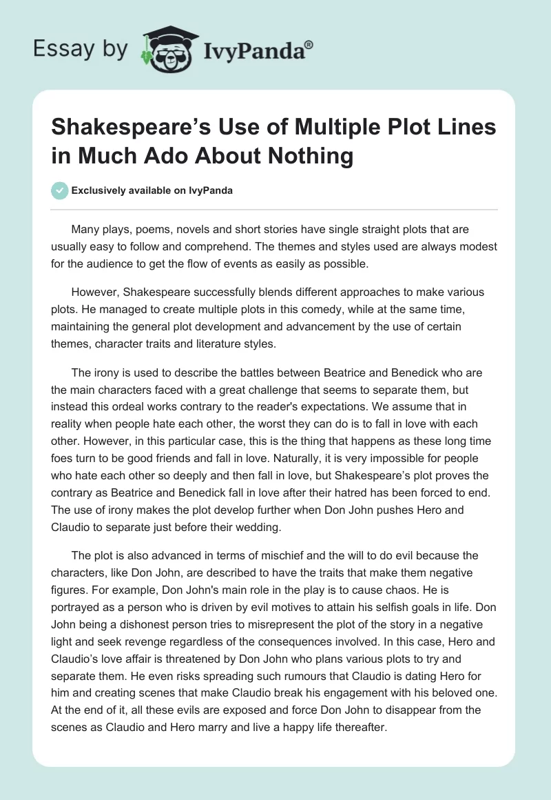 Shakespeare’s Use of Multiple Plot Lines in Much Ado About Nothing. Page 1