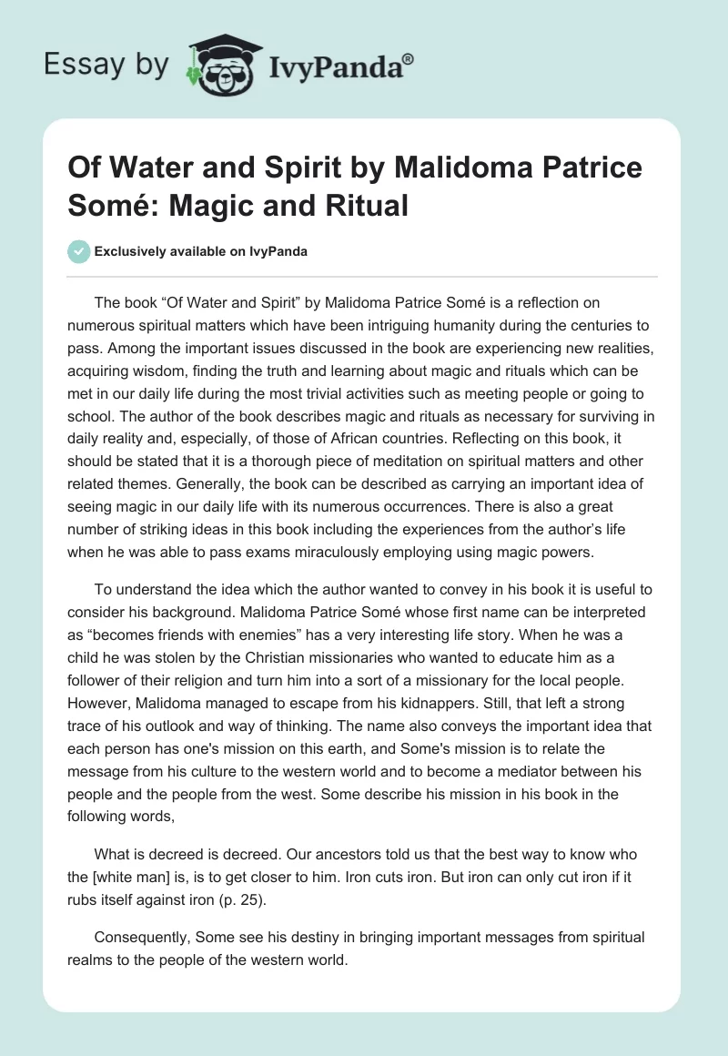 "Of Water and Spirit" by Malidoma Patrice Somé: Magic and Ritual. Page 1