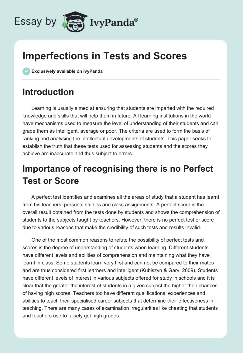 Imperfections in Tests and Scores. Page 1