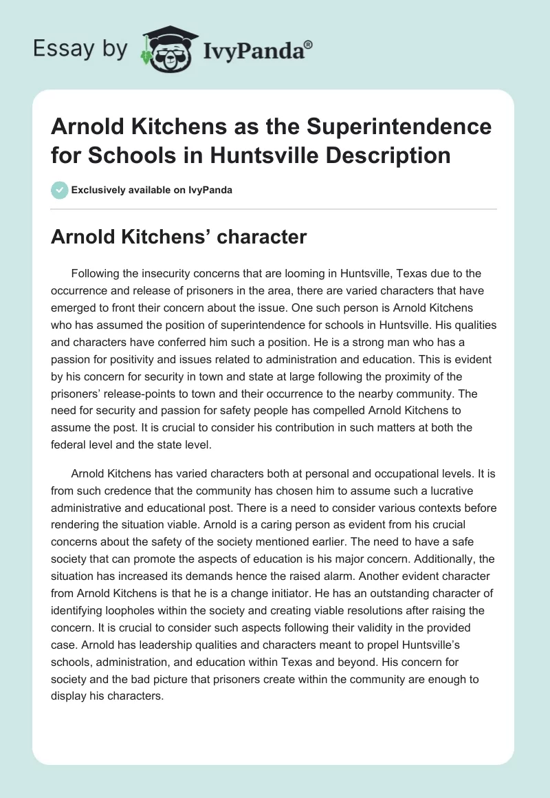 Arnold Kitchens as the Superintendence for Schools in Huntsville Description. Page 1