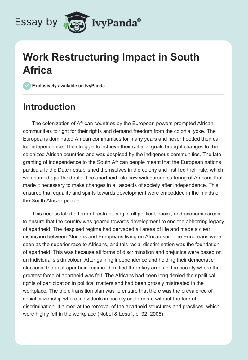 Work Restructuring Impact in South Africa. Page 1