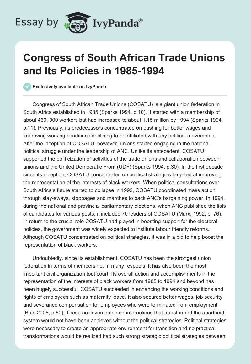 Congress of South African Trade Unions and Its Policies in 1985-1994. Page 1