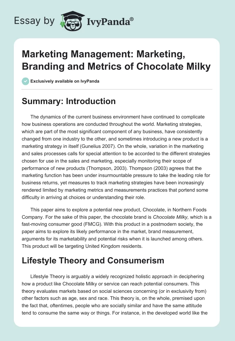 Marketing Management: Marketing, Branding and Metrics of Chocolate Milky. Page 1