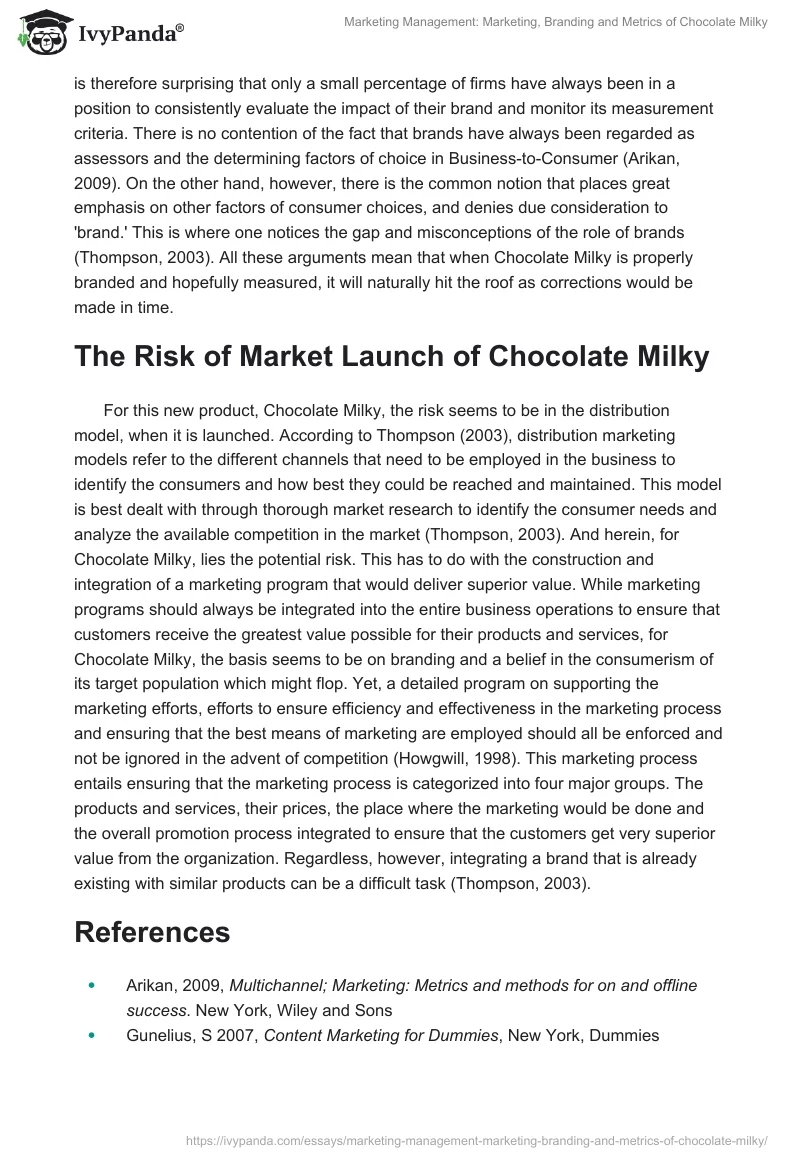 Marketing Management: Marketing, Branding and Metrics of Chocolate Milky. Page 3