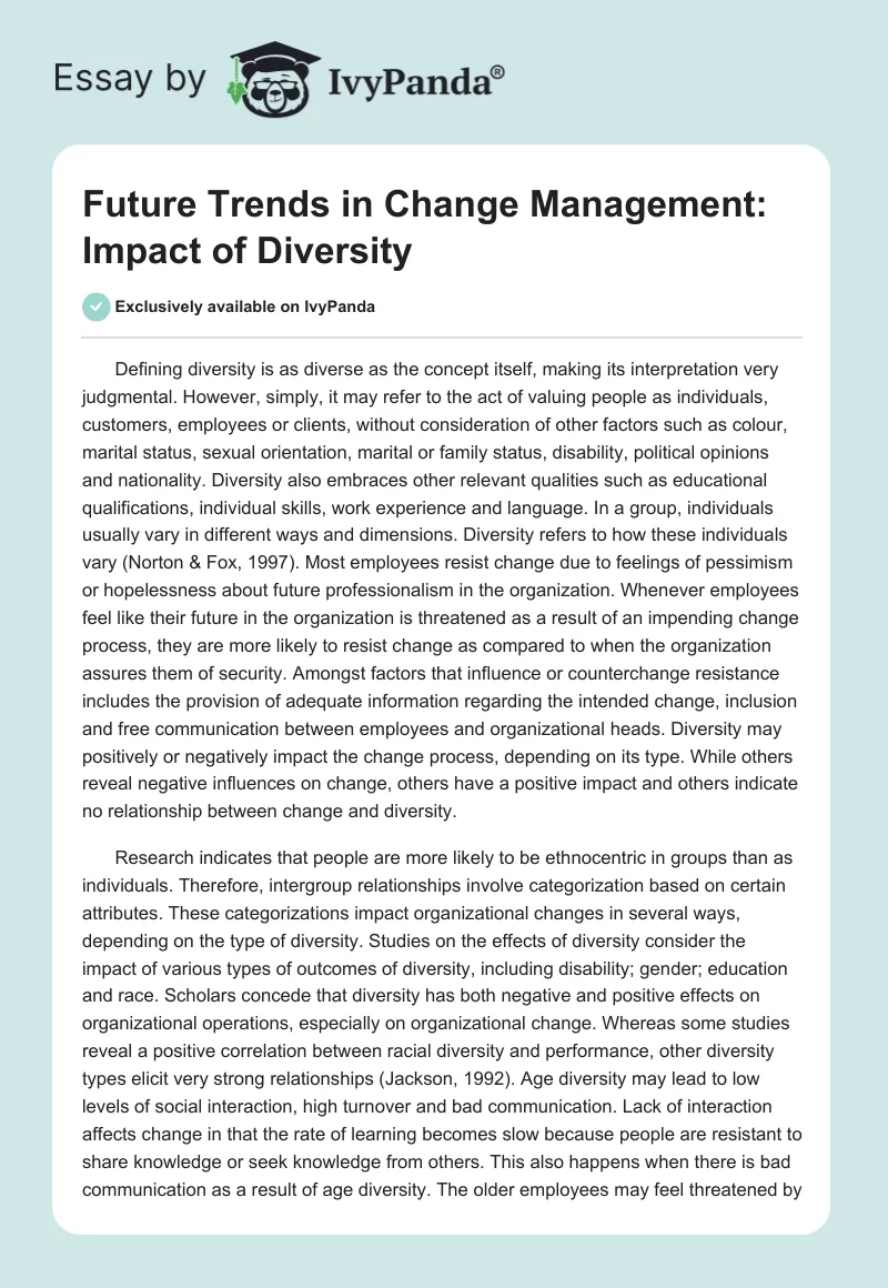 Future Trends in Change Management: Impact of Diversity. Page 1