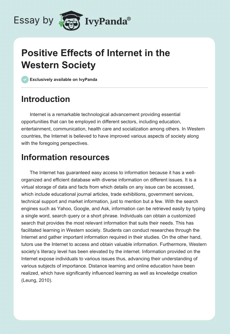 Positive Effects of Internet in the Western Society. Page 1