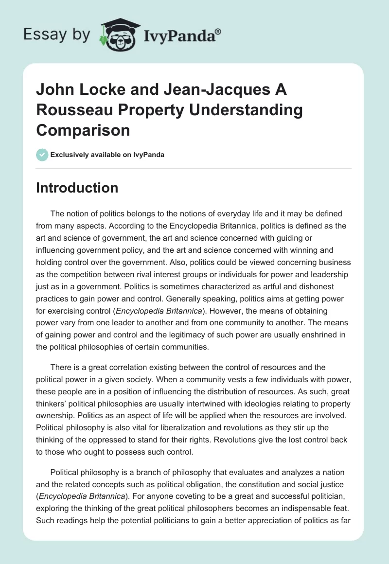 John Locke and Jean-Jacques A Rousseau Property Understanding Comparison. Page 1
