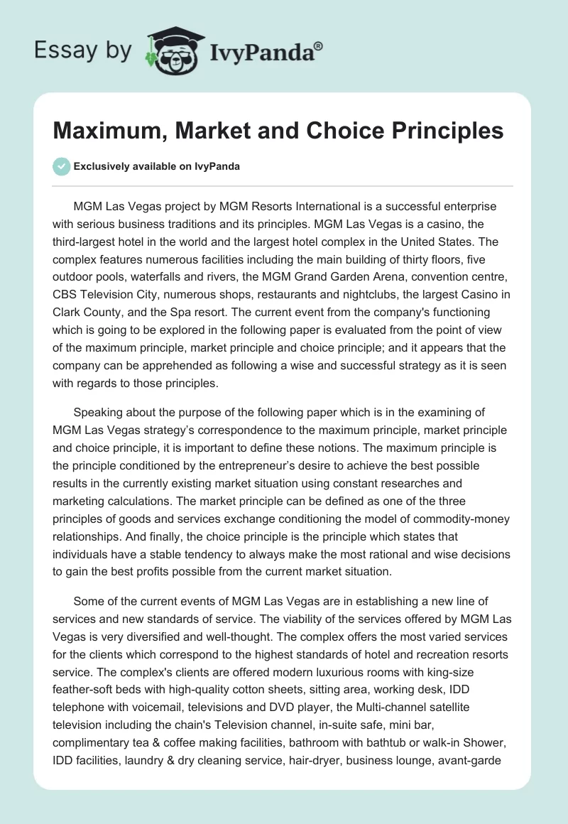 Maximum, Market and Choice Principles. Page 1