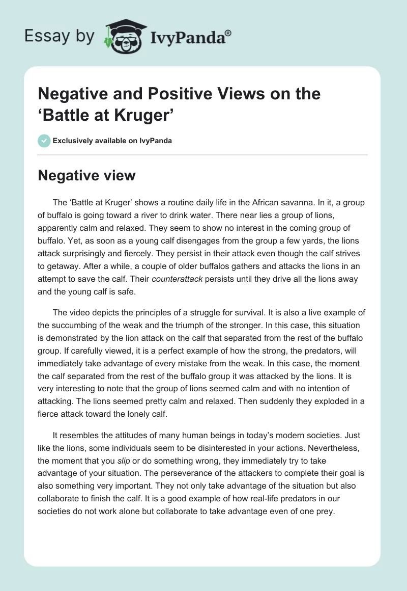 Negative and Positive Views on the ‘Battle at Kruger’. Page 1