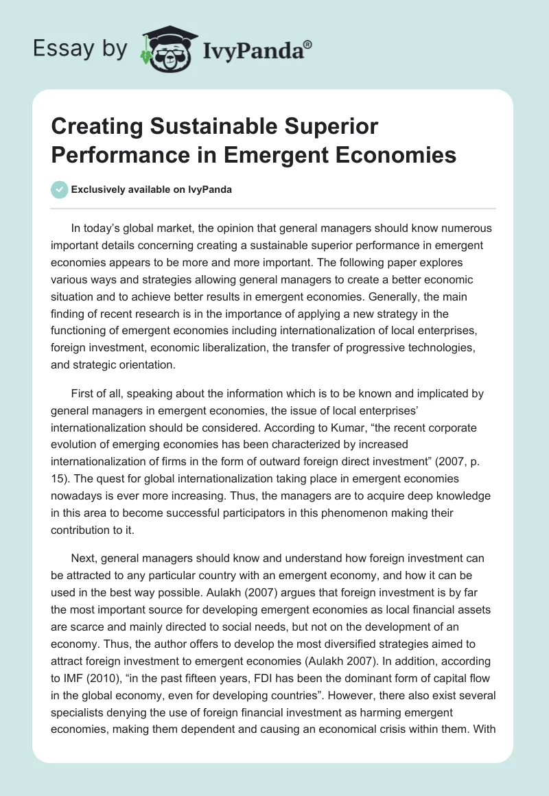 Creating Sustainable Superior Performance in Emergent Economies. Page 1