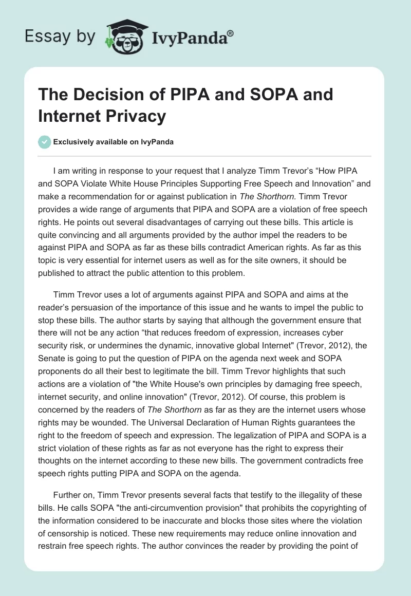 The Decision of PIPA and SOPA and Internet Privacy. Page 1