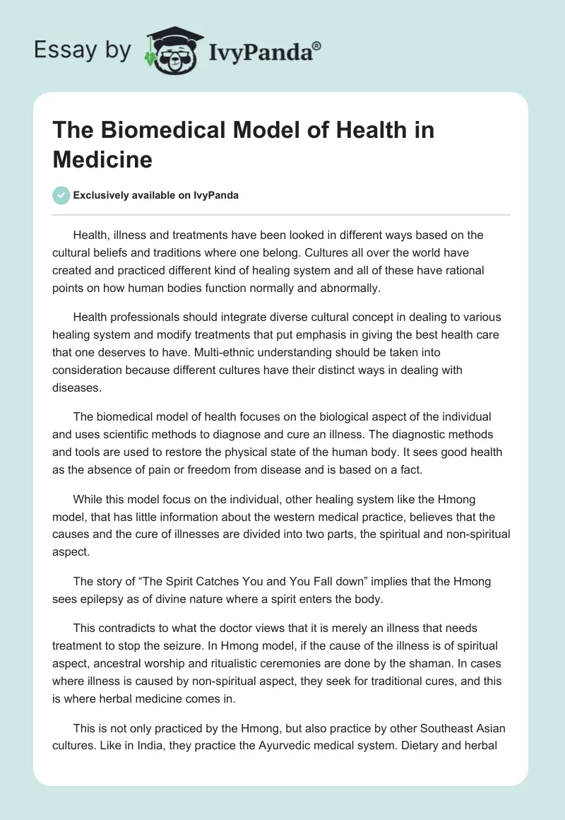 The Biomedical Model of Health in Medicine. Page 1