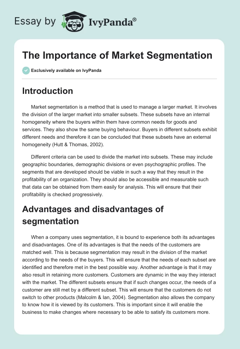 The Importance of Market Segmentation. Page 1