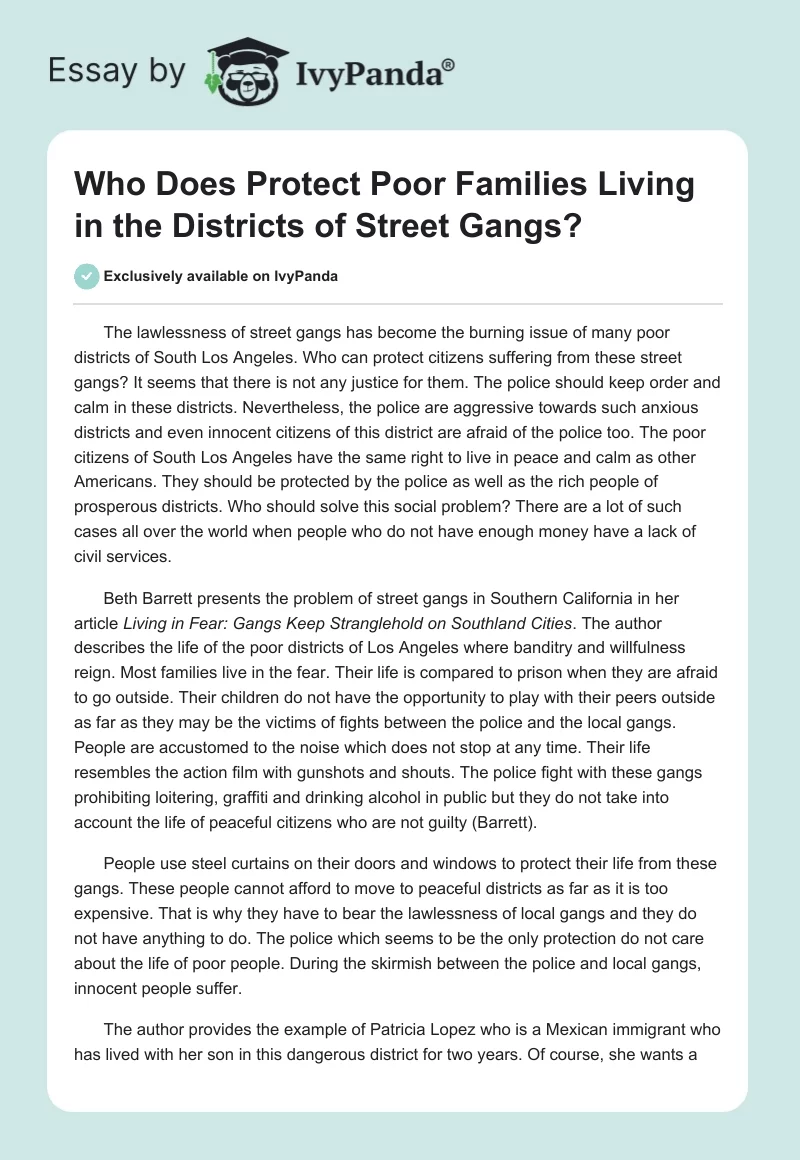 Who Does Protect Poor Families Living in the Districts of Street Gangs?. Page 1