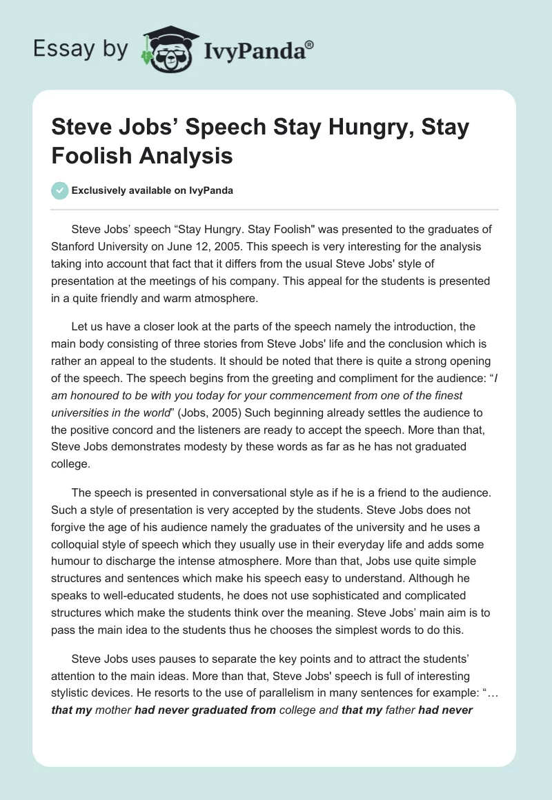Steve Jobs’ Speech "Stay Hungry, Stay Foolish" Analysis. Page 1