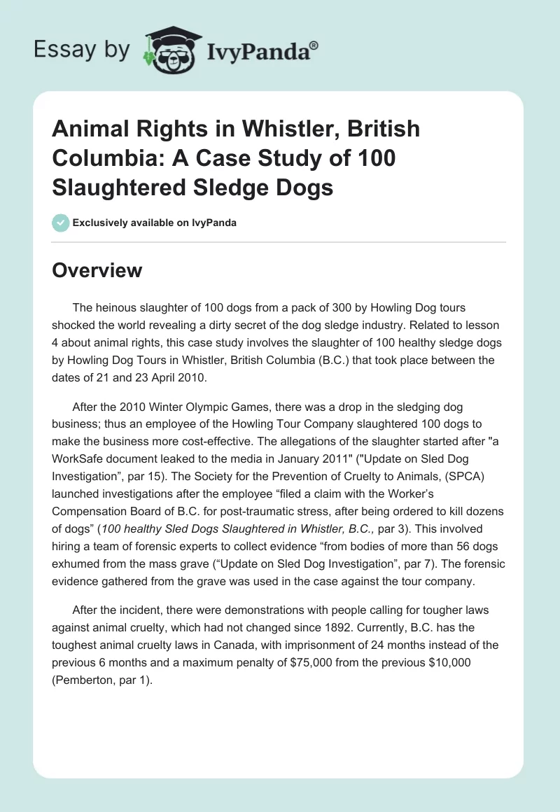 Animal Rights in Whistler, British Columbia: A Case Study of 100 Slaughtered Sledge Dogs. Page 1