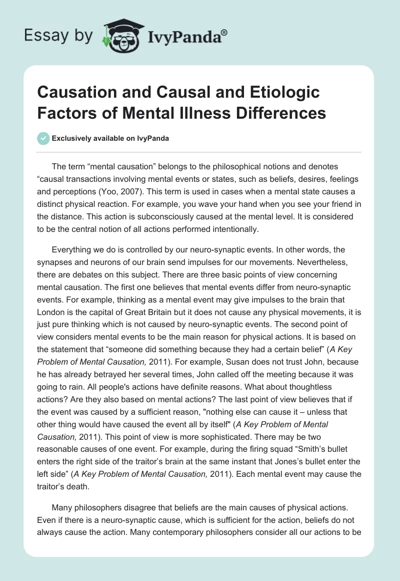 Causation and Causal and Etiologic Factors of Mental Illness Differences. Page 1