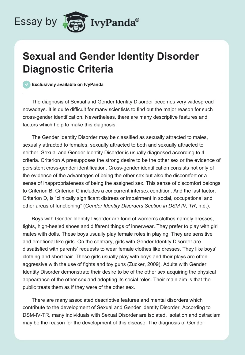 Sexual And Gender Identity Disorder Diagnostic Criteria 613 Words Essay Example