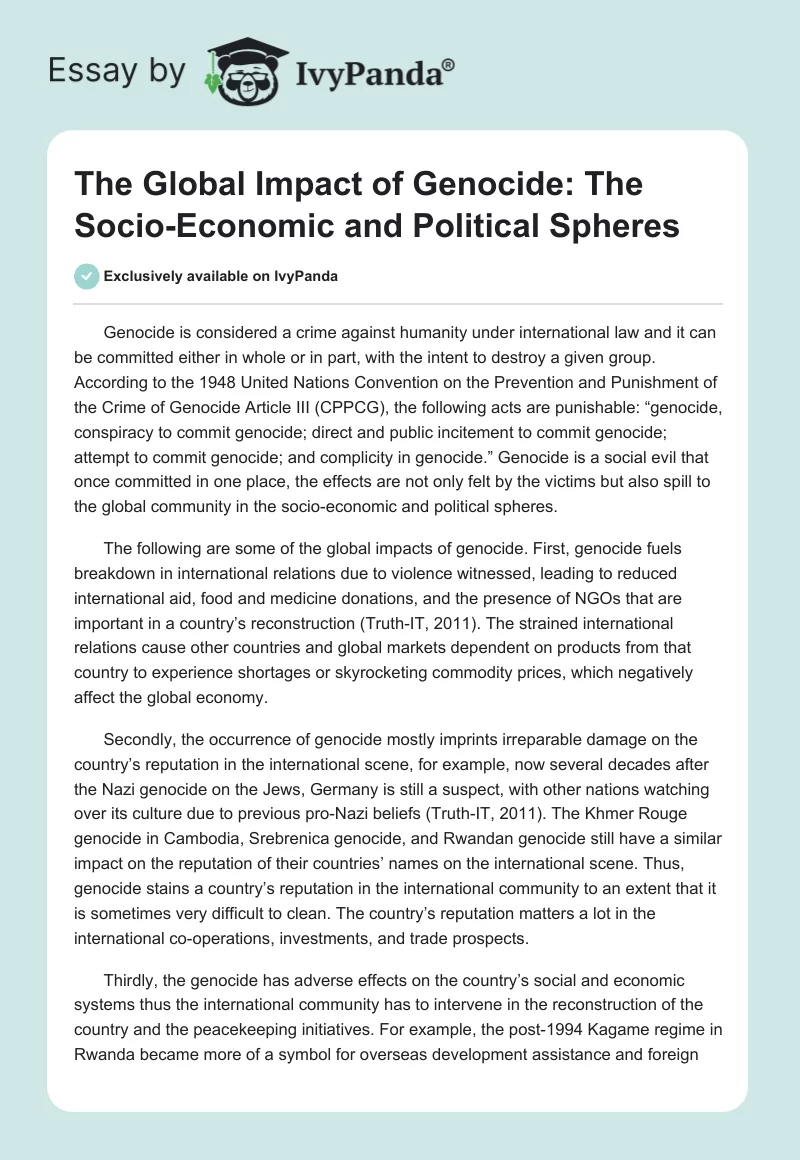 The Global Impact of Genocide: The Socio-Economic and Political Spheres. Page 1
