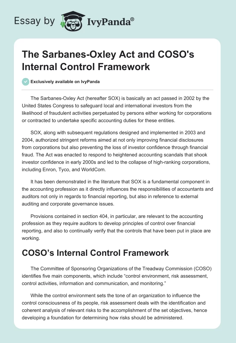 The Sarbanes-Oxley Act and COSO's Internal Control Framework. Page 1