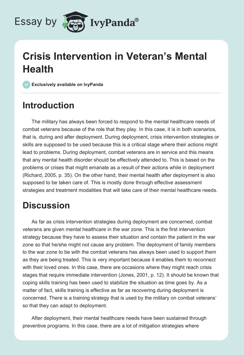Crisis Intervention in Veteran’s Mental Health. Page 1