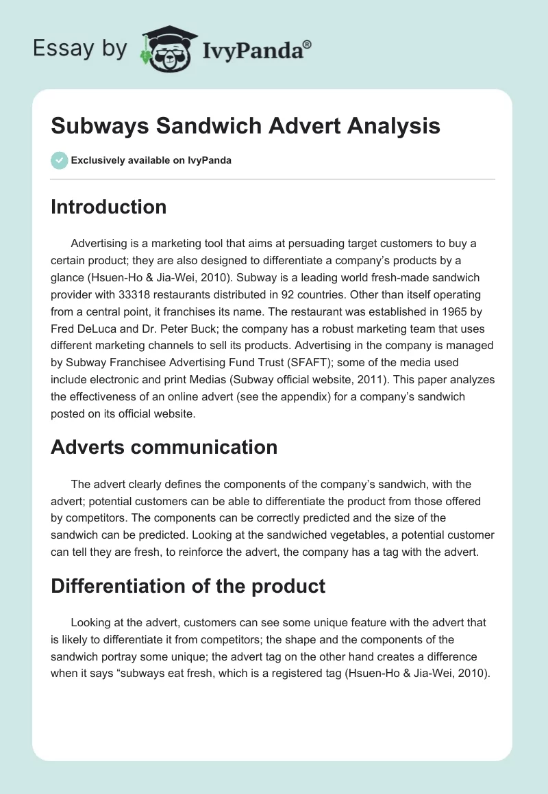 Subways Sandwich Advert Analysis. Page 1
