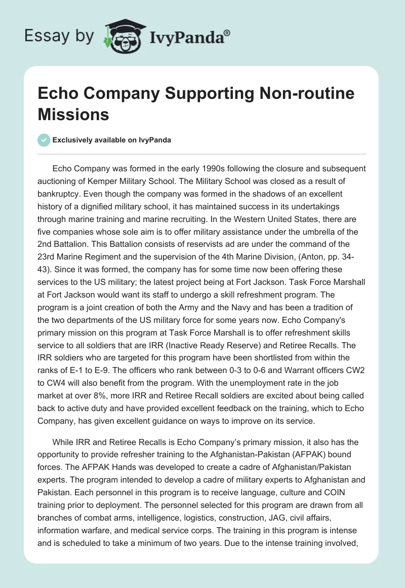 Echo Company Supporting Non-routine Missions. Page 1
