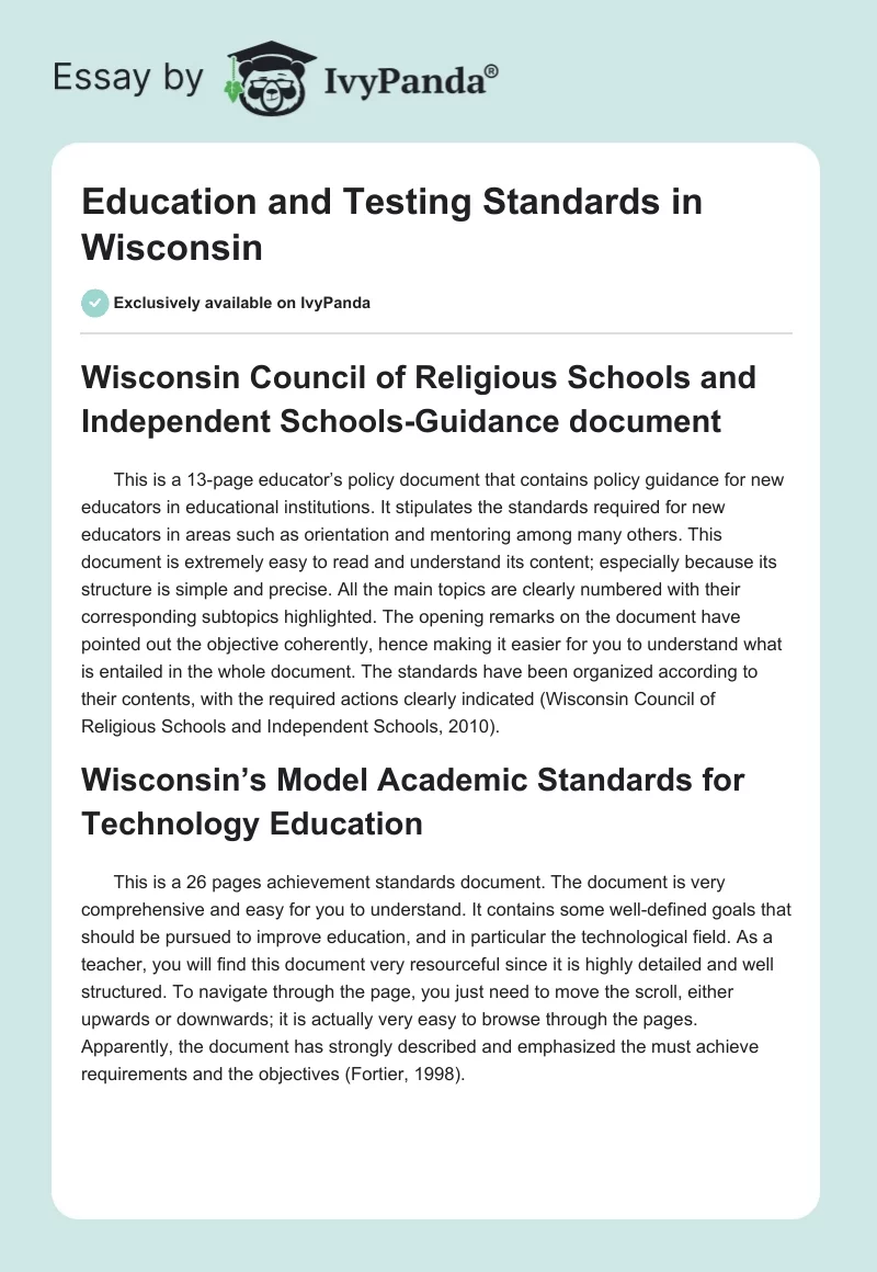 Education and Testing Standards in Wisconsin. Page 1