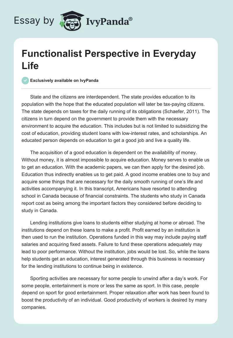 Functionalist Perspective in Everyday Life. Page 1