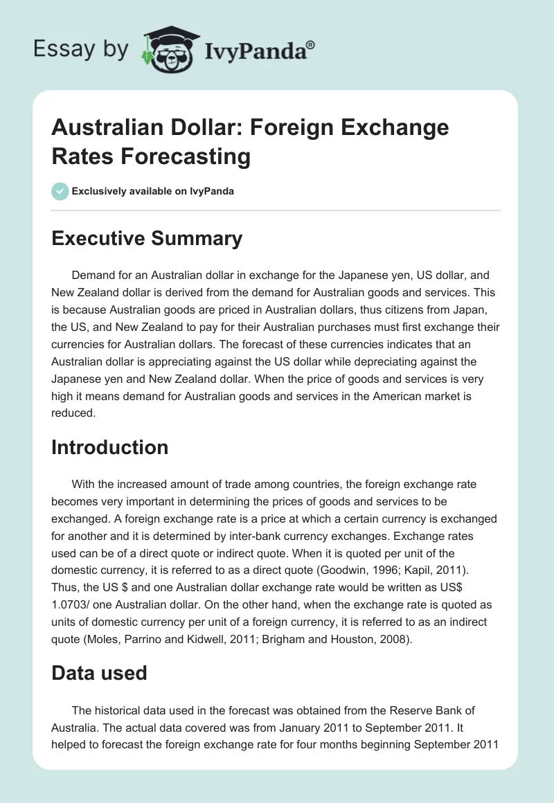 Australian Dollar: Foreign Exchange Rates Forecasting. Page 1