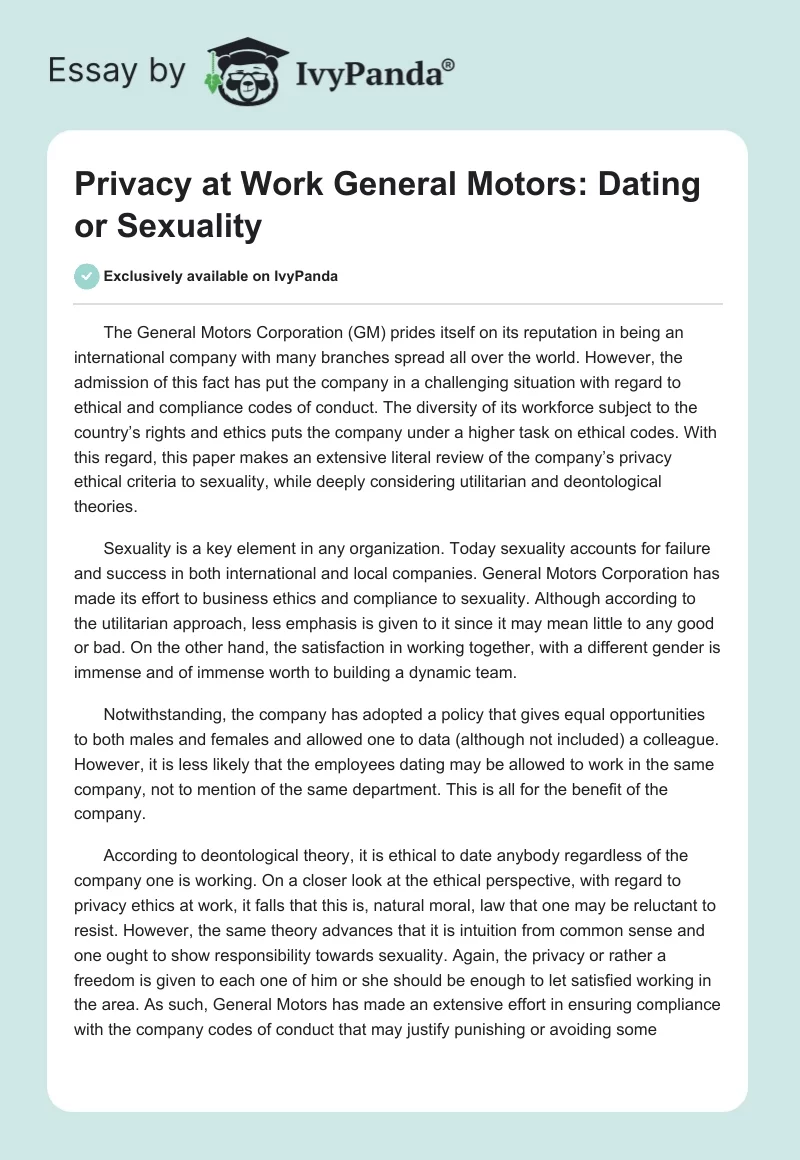 Privacy at Work General Motors: Dating or Sexuality. Page 1