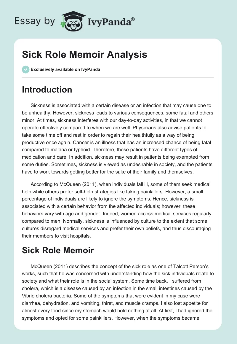 Sick Role Memoir Analysis. Page 1