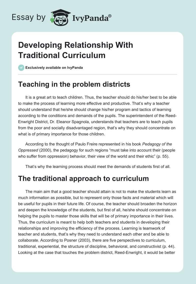 Developing Relationship With Traditional Curriculum. Page 1