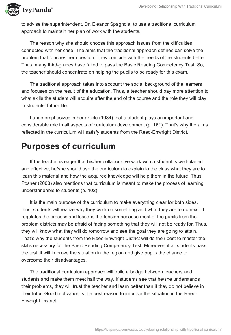 Developing Relationship With Traditional Curriculum. Page 2