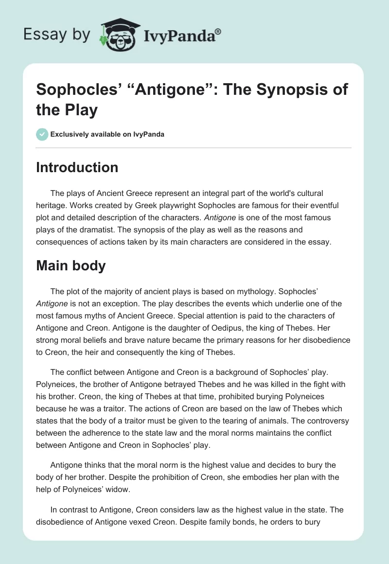 Sophocles’ “Antigone”: The Synopsis of the Play. Page 1