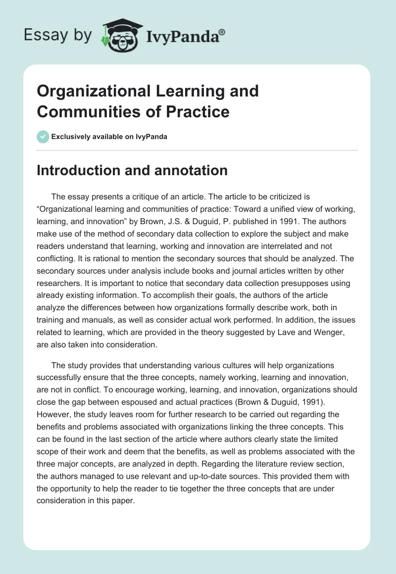 Organizational Learning and Communities of Practice. Page 1